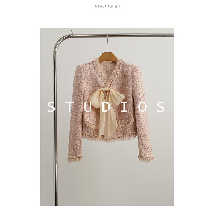 Bộ Áo Khoác cardigan Thắt Nơ Phối Chân Váy Vải tweed Màu Hồng Phong Cách Pháp Thời Trang Mùa Thu Mới