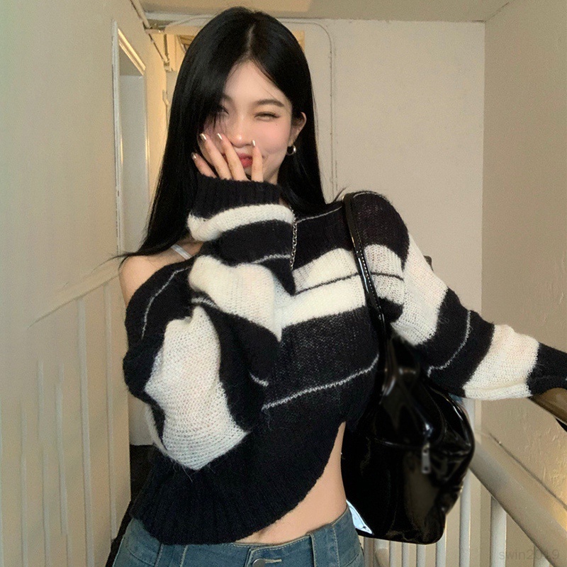 Áo Croptop Dệt Kim Tay Dài Trễ Vai Hoạ Tiết Kẻ Sọc Thời Trang Mùa Thu Cho Phái Nữ