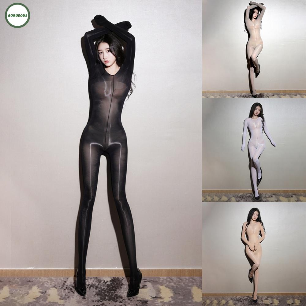 New Coming~Ultra Thin Shiny Bodysuit Sheer Transparent Full Bodystocking Open Crotch#Home Essentialses