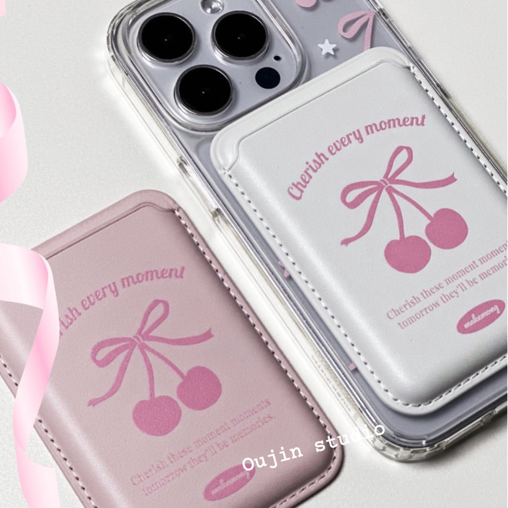 Bao Da Điện Thoại Có Ngăn Đựng Thẻ Từ Tính Hình Quả cherry Dễ Thương Cho 15pro / 14promax / 13 / 12 / 11 Ốp