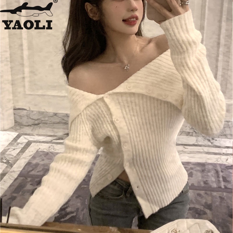 Yaoli Áo Khoác cardigan Dệt Kim Trễ Vai Dáng Ôm Màu Hồng Giáng Sinh Thời Trang Thu Đông Dành Cho Bạn Nữ