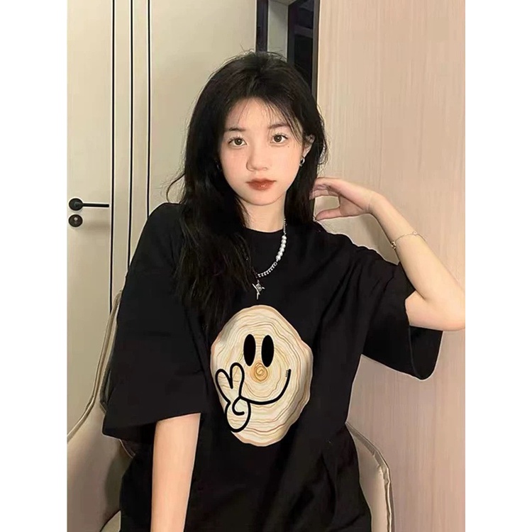Áo thun nữ form rộng Guguno cotton cổ tròn in basic (A)