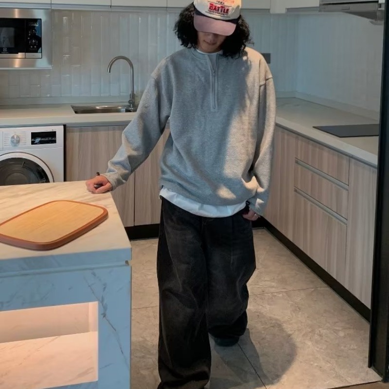 Magee Áo sweater Cổ Tròn Dáng Rộng Cao Cấp Màu Trơn Có Khóa Kéo Nửa Hình Bánh waffle Phong Cách retro Hàn Quốc Thường Ngày Cho Nam