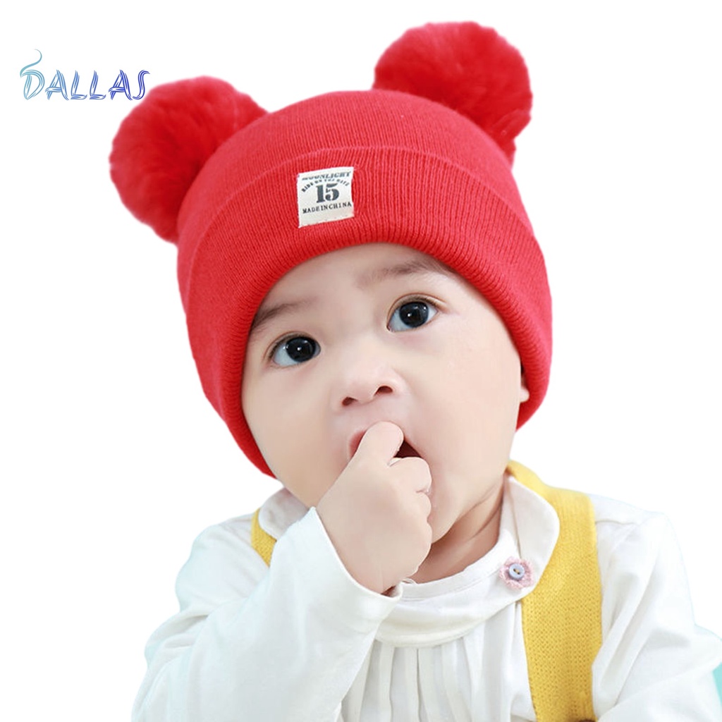 Mũ beanie Dệt Kim Màu Trơn Trang Trí Bóng Lông Cho Bé