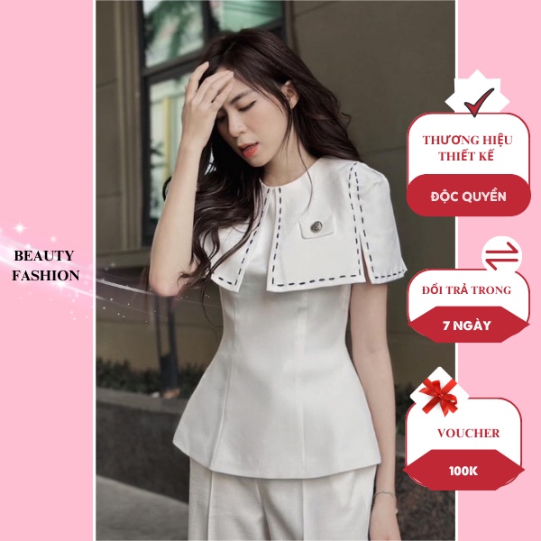 Aó Cộc Tay Dáng Peplum Phối Viền Chỉ Thanh Lịch phong cách Hàn Quốc