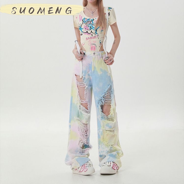 SUOMENG quần ống rộng quần nữ jean phong cách Retro Ống Rộng siêu đẹp 2023 MỚI Au1103