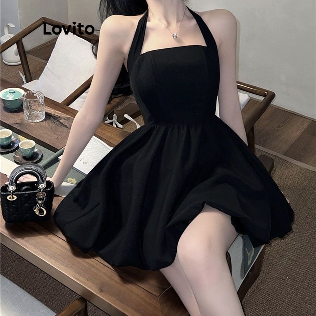 Đầm Lovito xếp nếp màu trơn đơn giản thời trang thường ngày cho nữ LNE13077 (Đen)