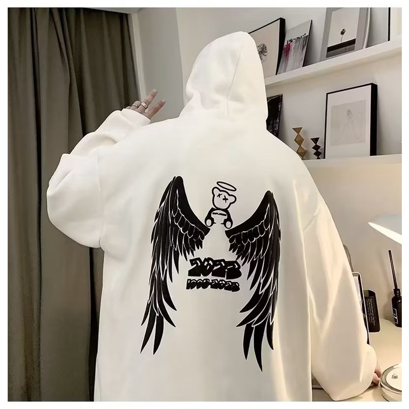 Áo Hoodie Dáng Rộng In Hình Đôi Cánh Thiên Thần Thời Trang Thu Đông Phong Cách Âu Mỹ Cho Nam