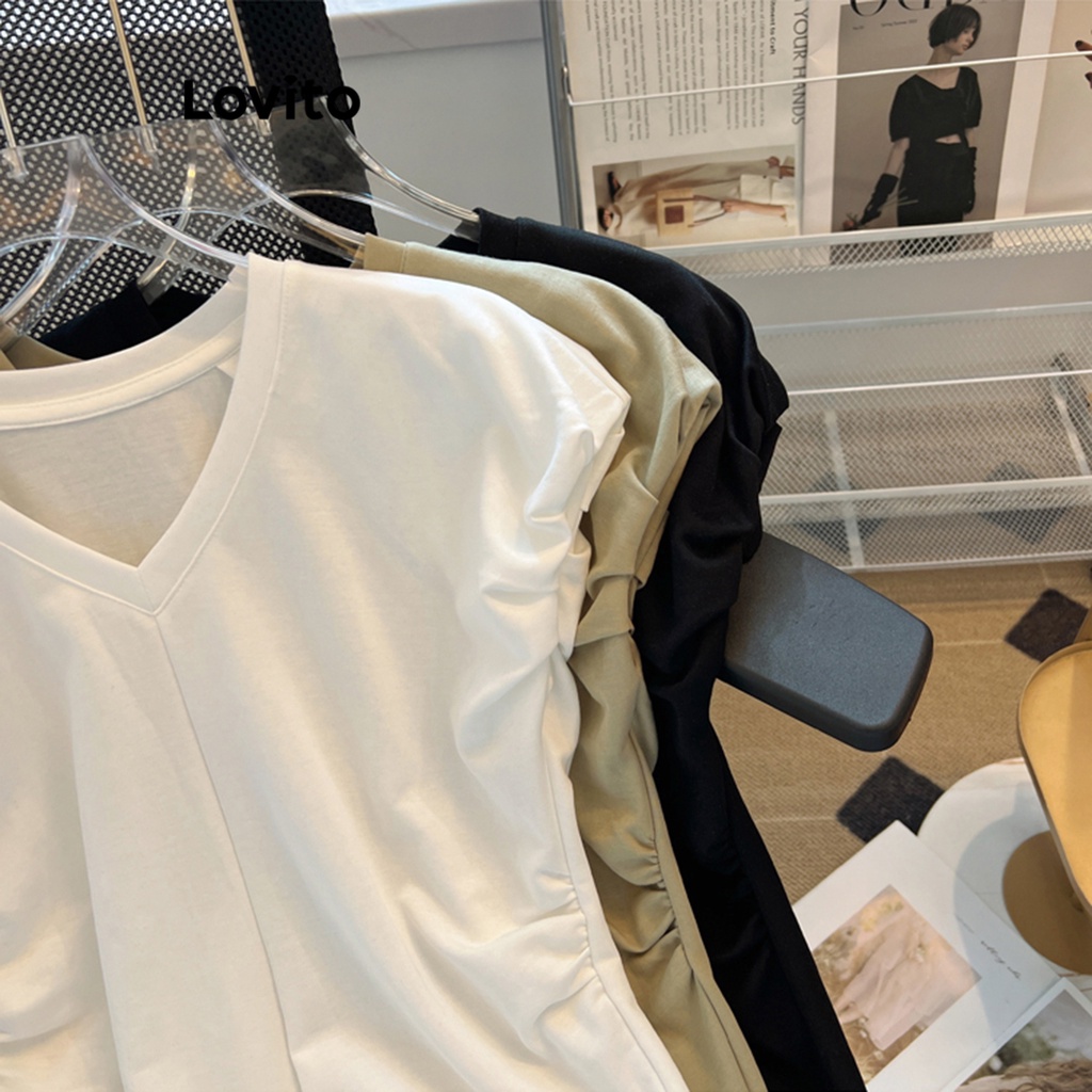 Lovito Áo thun xếp nếp trơn đơn giản dành cho nữ L71ED031