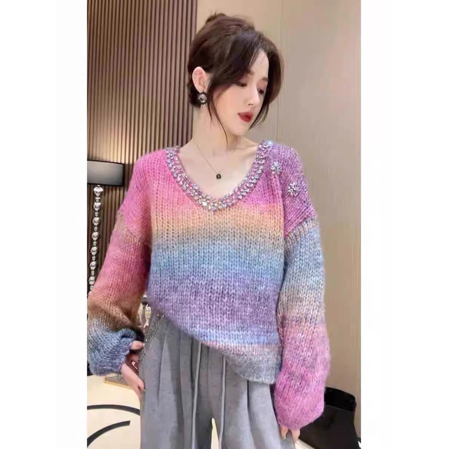 Áo Len Sáp Mềm Chui Đầu Dáng Rộng Đính Hạt Kim Cương Kiểu Công Nghiệp Thời Trang Thu Đông Cho Nữ