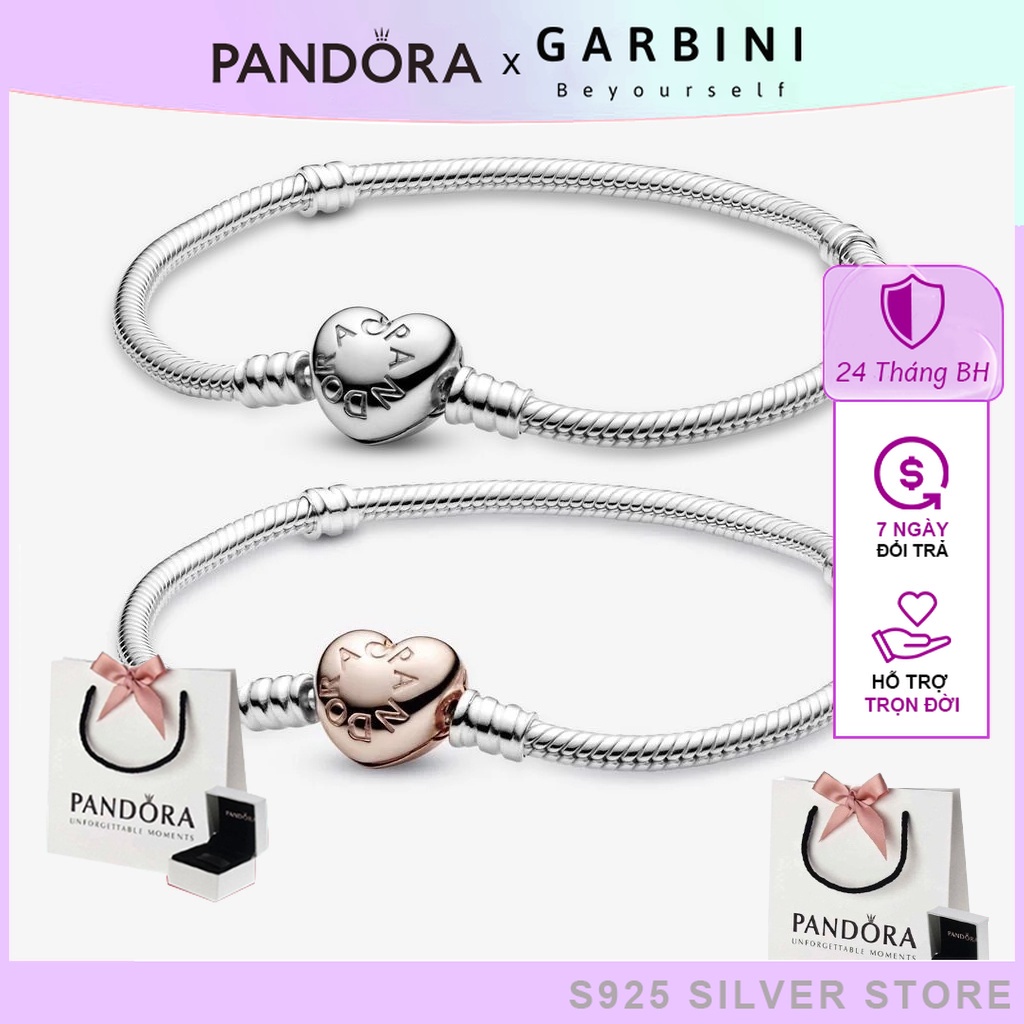 Vòng tay pandora, lắc tay bạc pandora mềm, vòng tay bạc charm pandora trái tim, bạc thật chuẩn s925 fullbox - Garbini