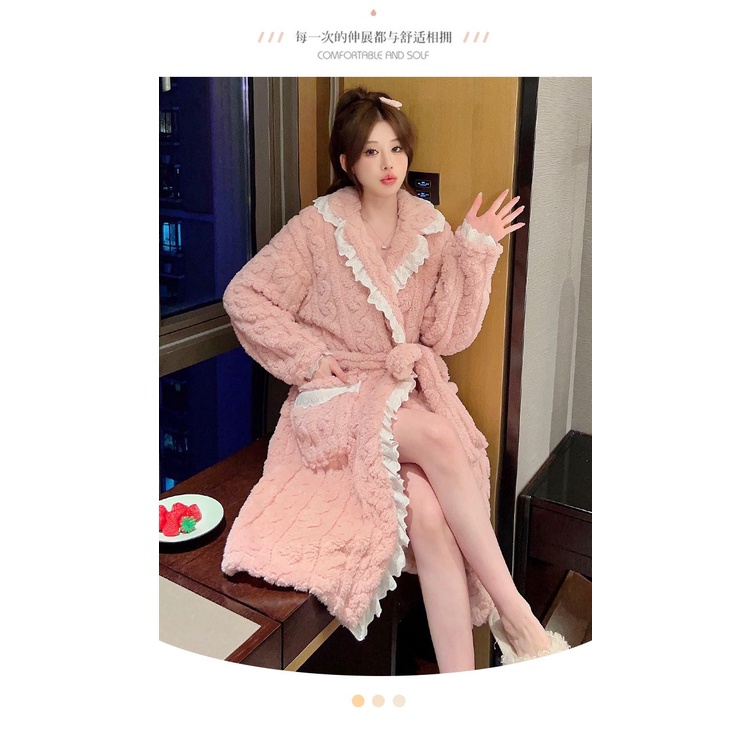 Áo Choàng Ngủ Vải Lông Cừu San Hô Dày Dặn plus size Thời Trang Thu Đông Cho Nữ