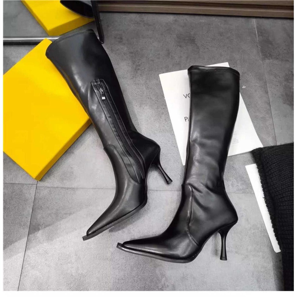 Giày Bốt Cao Gót Mũi Nhọn Mỏng Màu Nâu Phong Cách Âu Mỹ Thời Trang Thu Đông Hàng Mới 2023 Dành Cho Bạn Nữ