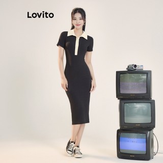 Đầm Lovito phối nút phía trước ghép nối màu sắc phong cách Preppy thời trang cho nữ L56ED128 (Đen)