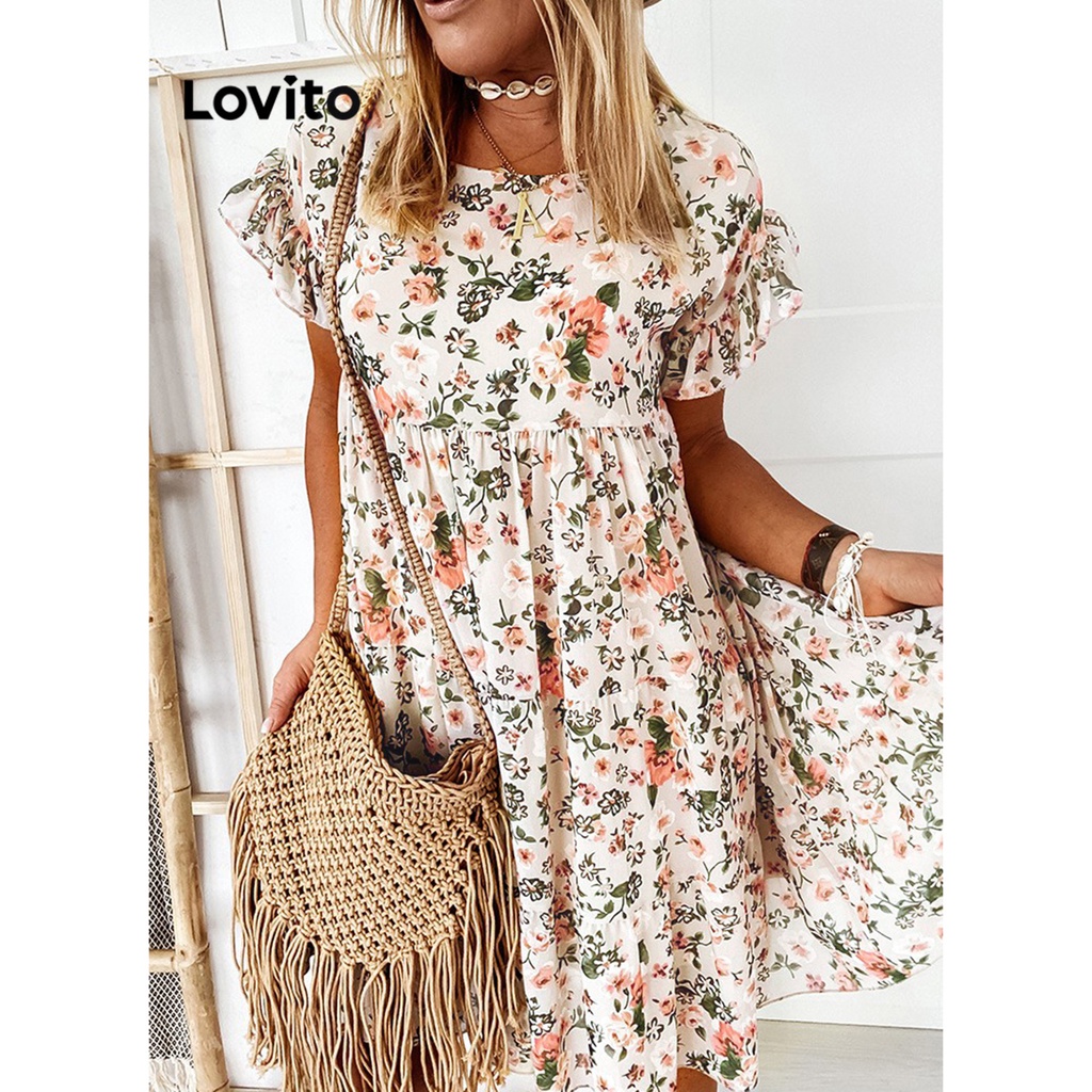 Đầm Lovito lai bèo xếp nếp hoa nhí boho cho nữ LNE17007 (Màu vàng nhạt)