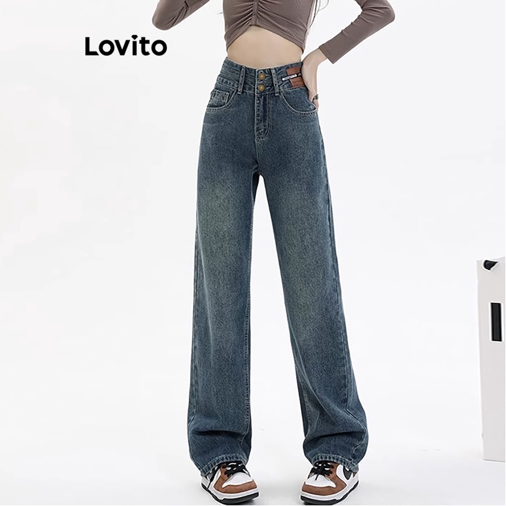 Lovito Quần jean trơn có nút đôi phía trước có túi cho nữ LNA29405