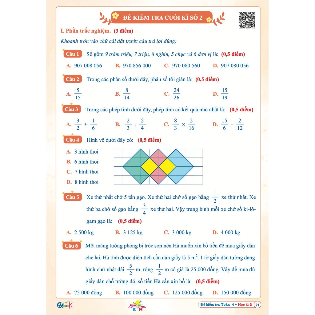 Sách Đề Kiểm Tra Toán Lớp 4 - Học Kì 2 - Kết Nối Tri Thức Với Cuộc Sống  - Bản Quyền