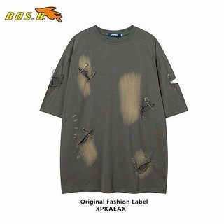2024 New Cool Popular Brand Niche Design Pin Short Sleeve Men and Women Ins Couple High Street Ripped Half Sleeve T-shirt arDp