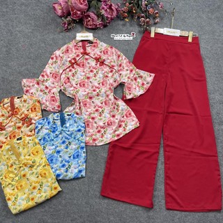 D135.391 set bộ áo bà ba cổ tàu nút 2 bên tay loe lỡ hoa loang. áo manggo quần lụa hồng ngọc