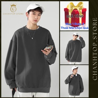Áo Sweater lót lông dáng Basic cổ tròn Terry, áo dài tay form rộng unisex trẻ trung - Màu Xám Đen