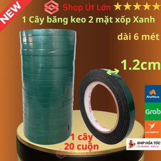 Băng keo 2 mặt xốp xanh rộng 1.2cm, dài 6 mét, 1 cây 20 cuộn, độ dầy 1mm, lõi giấy 3mm