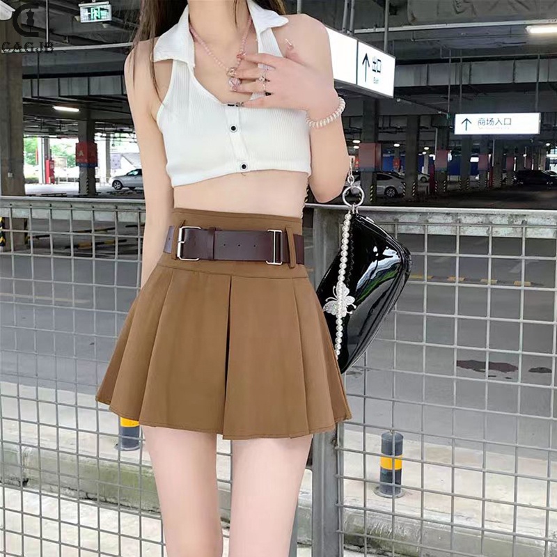 Bộ Áo Thun + Chân Váy Kaki Mini Xếp Ly Màu Trơn Kèm Thắt Lưng Y2k Preppy Yomggg
