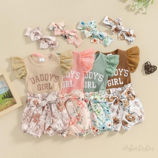 Set áo liền quần tay cánh tiên in chữ + quần short lưng thun + băng đô cho bé gái