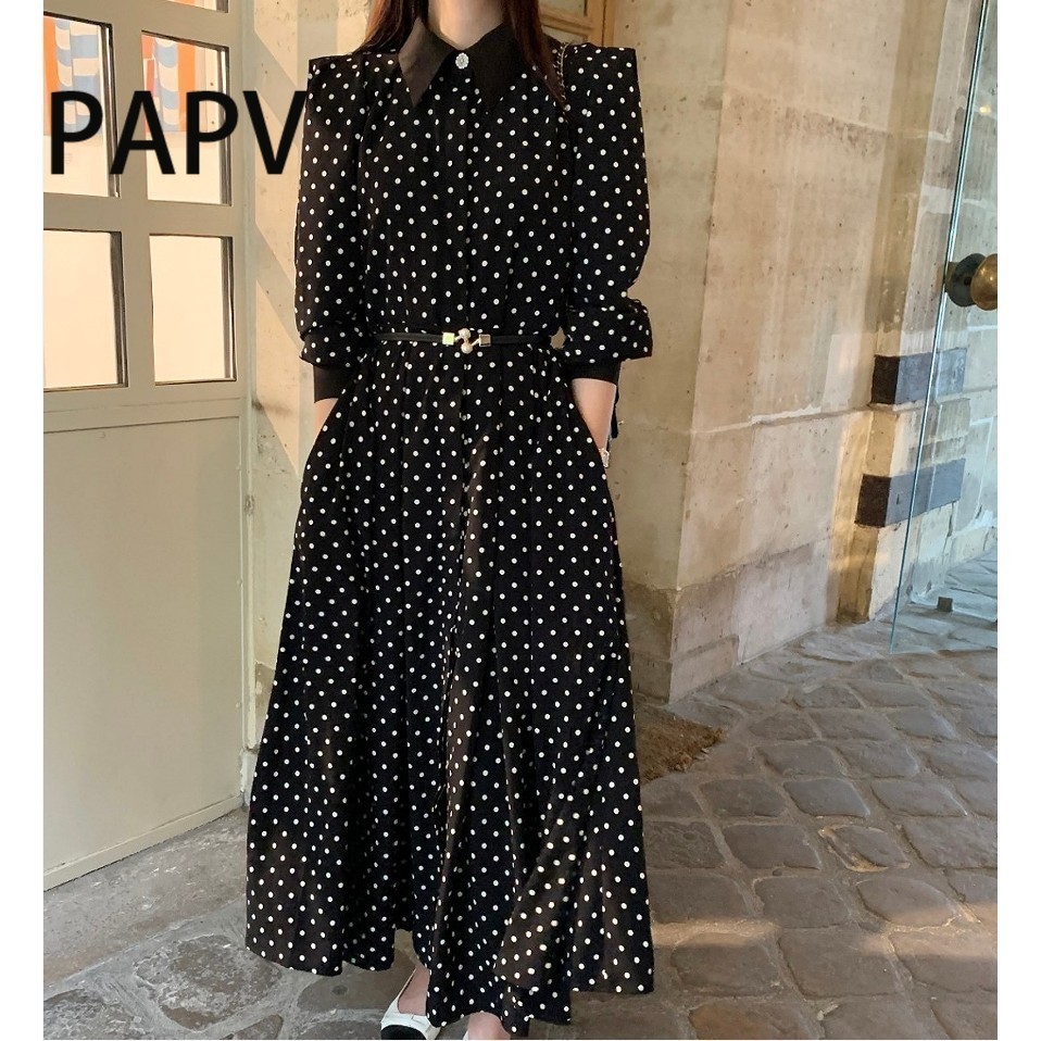 Đầm Dài Chấm Bi Phối Thắt Lưng Màu Sắc Tương Phản 10967