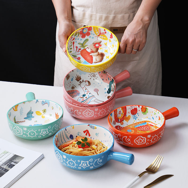 Ceramic handle bowl creative personality household fruit plate breakfast salad instant noodle bowl I