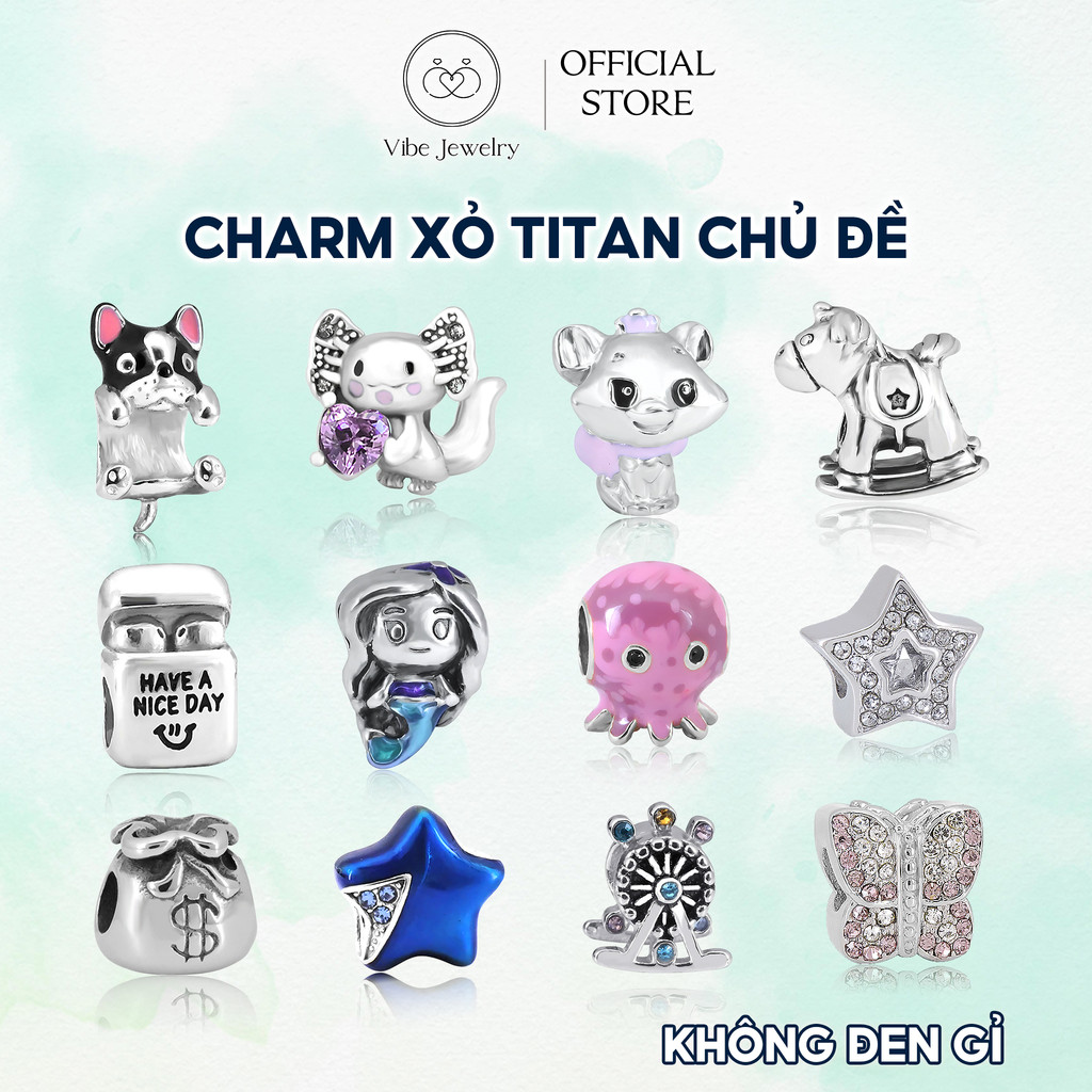 Hạt charm Pan titan không gỉ, charm vòng tay hình ngôi sao/thú cưng khảm đá nhiều chủ đề sáng bền