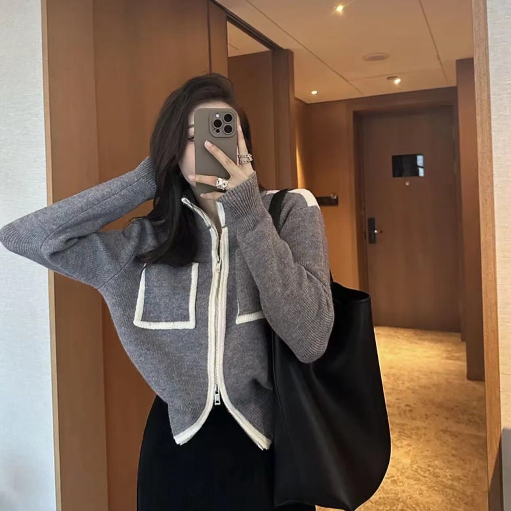 Sugemiusi Áo Khoác cardigan Dệt Kim Hai Đầu Phối Khóa Kéo Phong Cách chanel Thời Trang Thu Đông Dành Cho Nữ