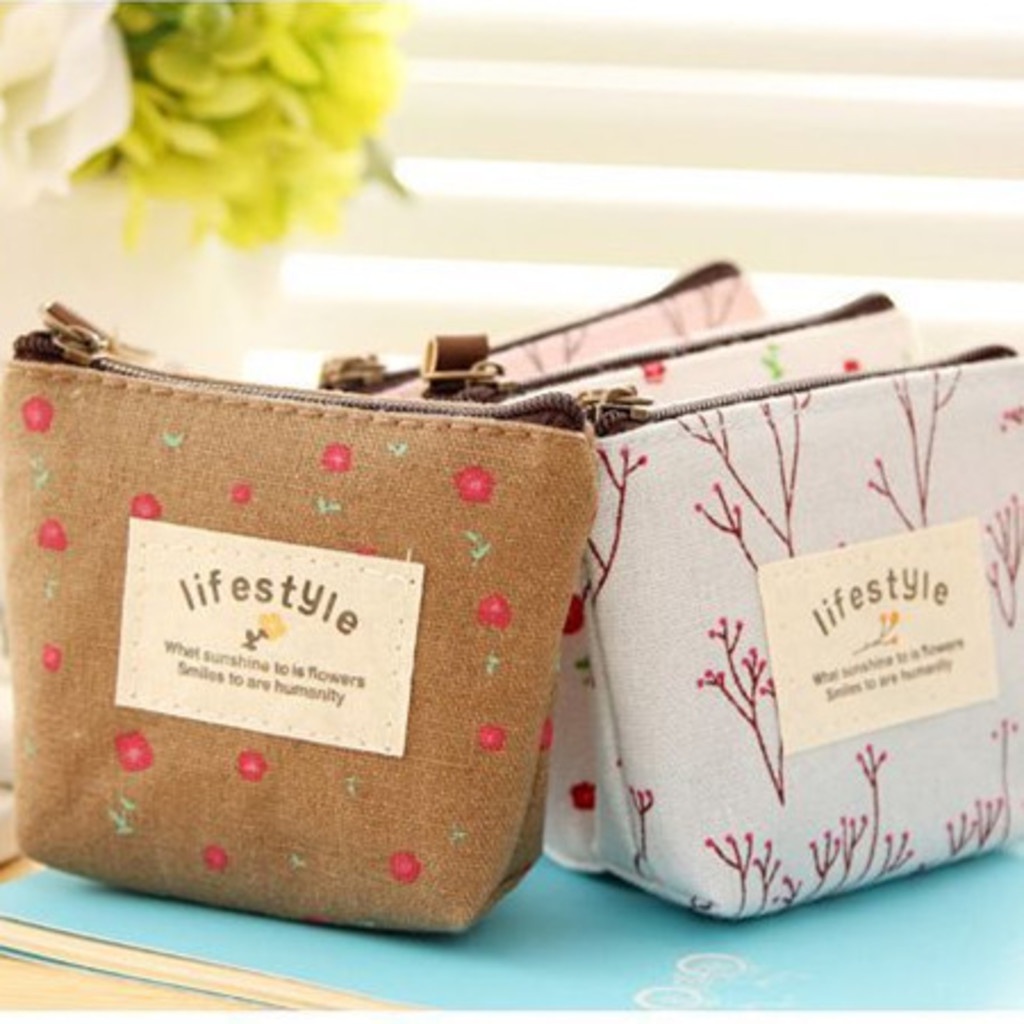 Túi Vải canvas mini Họa Tiết Hoa Đựng Chìa Khóa