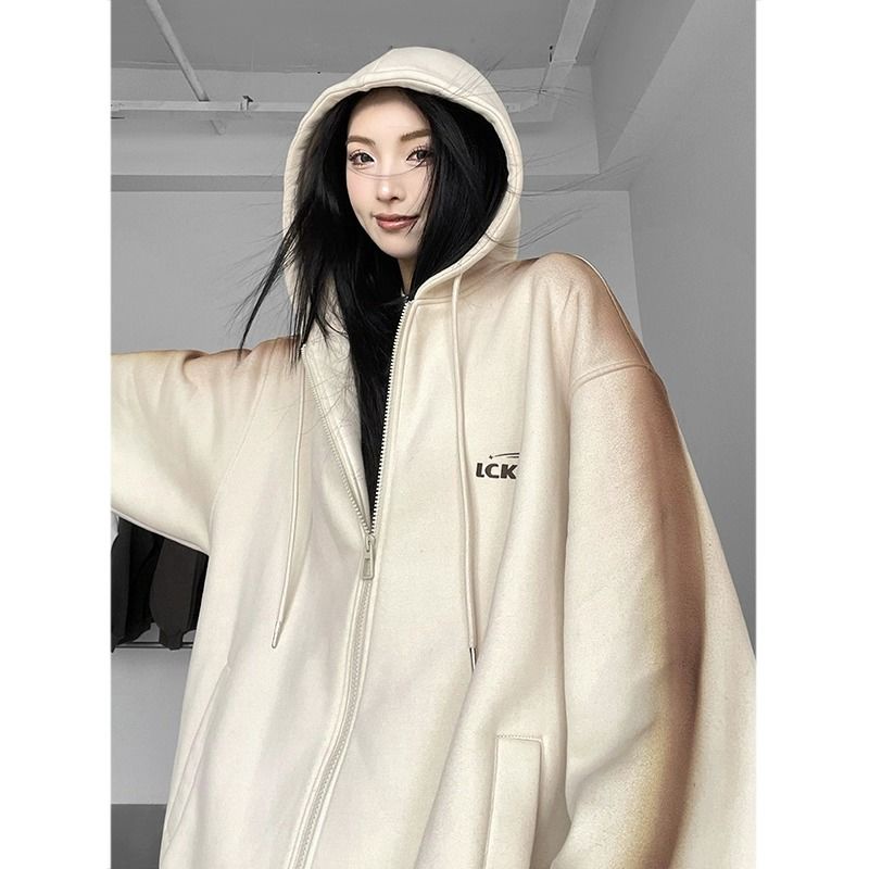 Áo Khoác cardigan Có Mũ Trùm Màu gradient Xanh Lá / Đen Phong Cách Đường Phố Mỹ Thời Trang Mùa Xuân Cho Bạn Gái 00y1