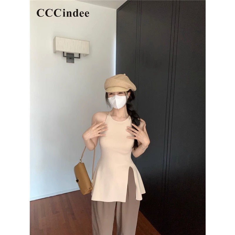 Áo Tank Top Hai Dây Dệt Kim Mỏng Cổ Tròn Xẻ Tà Màu Trơn Thời Trang Mới 2023 Dành Cho Bạn Nữ