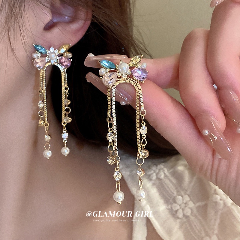 Bộ Dây Chuyền + Bông Tai Mạ Bạc Hình Cánh Bướm + Đôi Khuyên Tai Tua Rua Đính Ngọc Trai Nhiều Màu Sắc