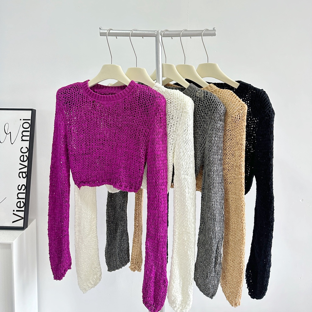 YOYO~Áo sweater Dệt Kim Tay Dài Chui Đầu Khoét Vai Thời Trang Mùa Thu 2023