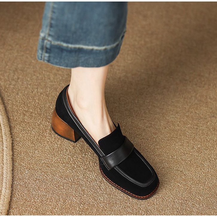 Giày Da Lộn Gót Dày Mũi Vuông Thời Trang Cho Nữ size 34-39