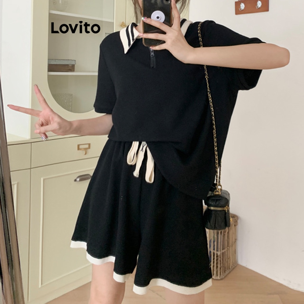 Lovito Bộ quần short dây rút trơn thông thường dành cho nữ LNE24024 (Đen)