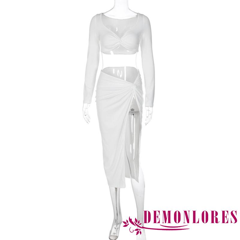 Set Áo Croptop Tay Dài + Chân Váy Dài Xẻ Tà Thời Trang Cho Nữ y2k