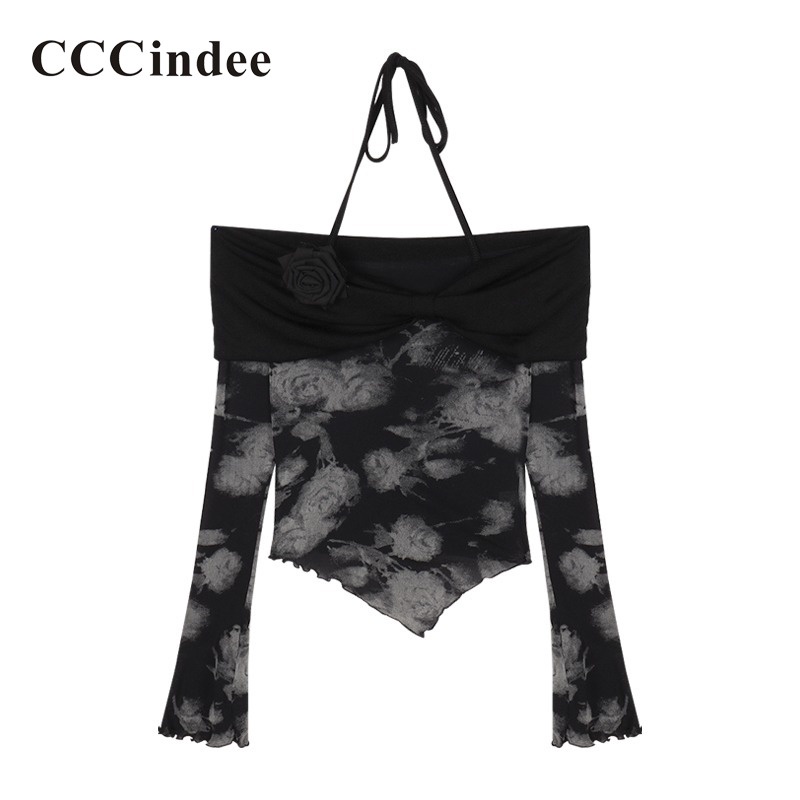 Cccindee Áo Thun Tay Dài Hở Vai Phối Màu Tương Phản Thời Trang 2023 Dành Cho Nữ