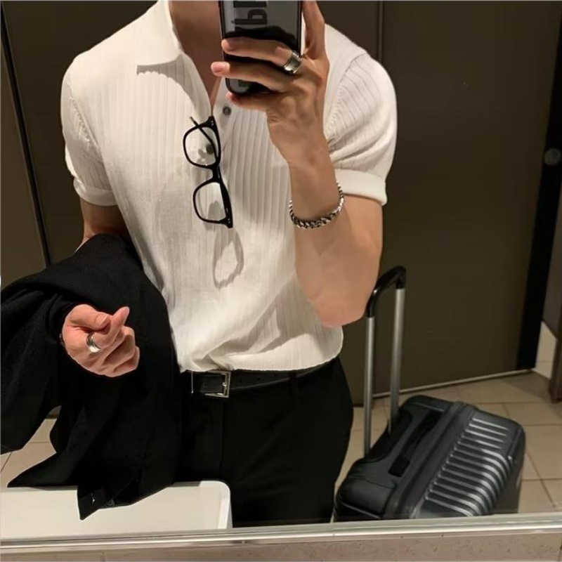 Áo Thun polo Dệt Kim Tay Ngắn Dáng Rộng Màu Sắc Đơn Giản Phong Cách hong kong Thời Trang Mùa Hè Cho Nam