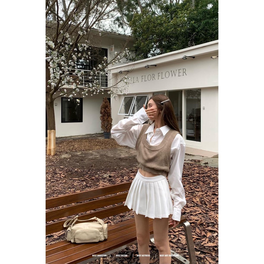 Set Áo Sơ Mi Kẻ Sọc Dài Tay + Áo Khoác Ghi Lê + Chân Váy Xếp Li Thời Trang Dành Cho Nữ 3n