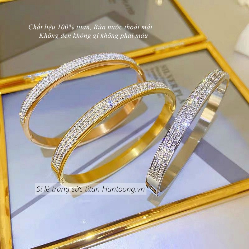 Vòng tay titan không gỉ mạ vàng 18k thiết kế 3 hàng đá lấp lánh thời trang sang trọng dành cho nữ