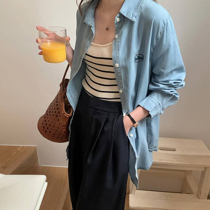 Áo Sơ Mi denim cotton Dáng Rộng Thêu Họa Tiết Thời Trang Cho Nữ