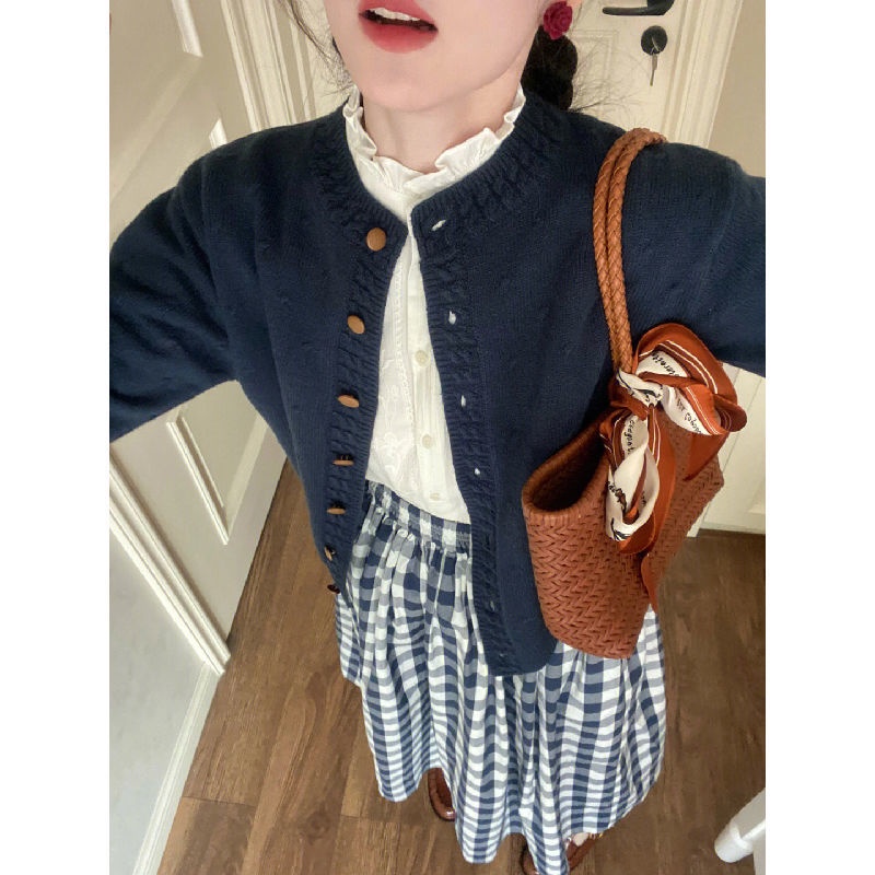 Set Áo Khoác cardigan Dệt Kim + Chân Váy Caro Phong Cách Hàn Quốc Cho Nữ