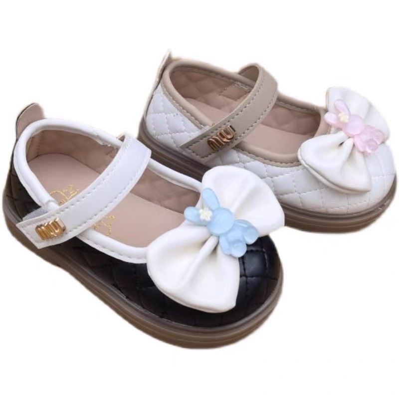 Giày búp bê cho bé có nơ đính thỏ xinh xắn siêu mềm siêu êm cho bé,  - Giày công chúa có quai ngang da PU chần trám C01