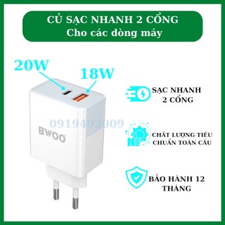 Củ sạc nhanh 2 cổng 38W BWOO  cho các dòng máy Iphone Samsung Oppoo Xiaomi.... Bảo Hành 12 Tháng ZINKA