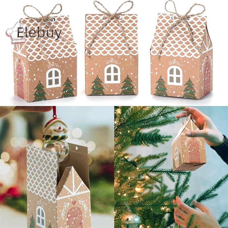 Set 10 túi giấy kraft ELEBUY hình ngôi nhà có dây treo dùng để đựng bánh kẹo dịp giáng sinh