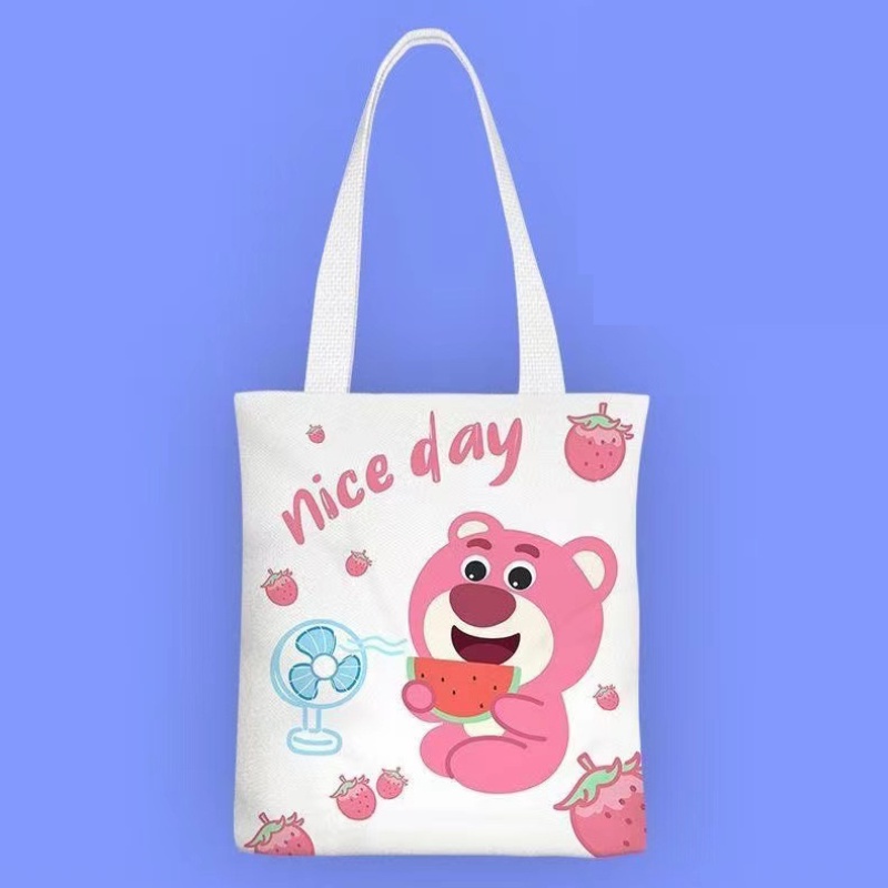 Túi Đeo Vai Vải canvas Họa Tiết Gấu Và Dâu Tây Dễ Thương Cho Nữ