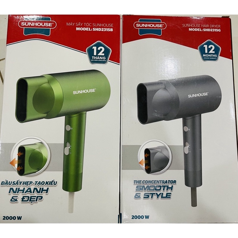 Máy sấy tóc SUNHOUSE SHD2315G, 3 chế độ gió, công suất 2000w, 2 màu xanh, xám